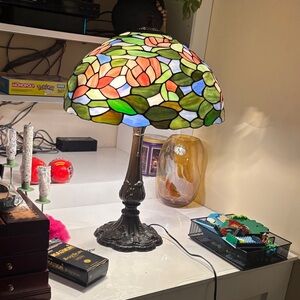 Tiffany & Co. Stained Glass Table Lamp with Green and Orange Leaves LARGE